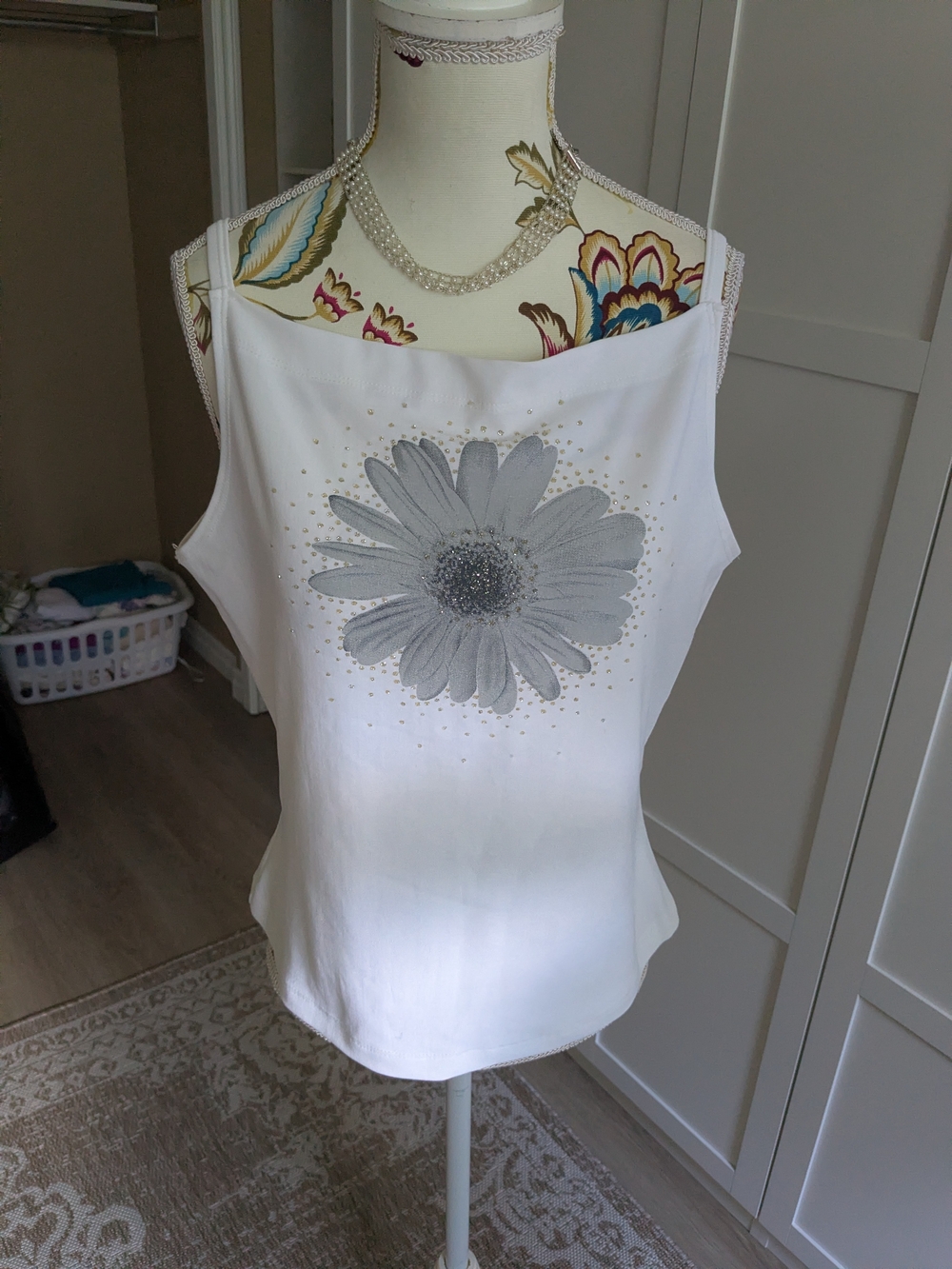 JM Collection White Sleeveless Top with Silver Floral Graphic